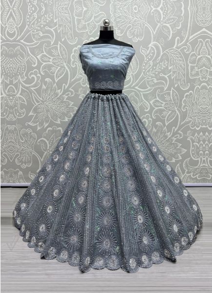 Light Steel Blue Net Sequins, Embroidery & Stone-Work Wedding-Wear Bridal Lehenga Choli