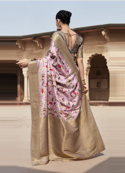 Lilac Handloom Silk Floral Digitally Printed Festive-Wear Saree