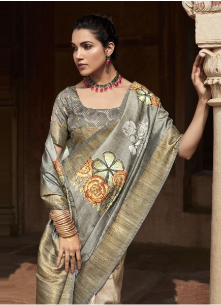 Warm Gray Handloom Silk Floral Digitally Printed Festive-Wear Saree