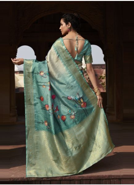White & Light Sky Blue Handloom Silk Floral Digitally Printed Festive-Wear Saree