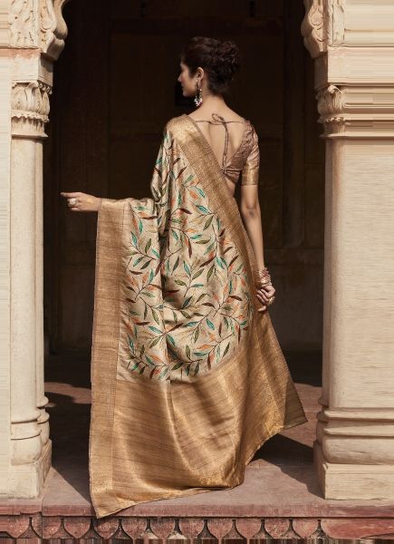 Light Brown Handloom Silk Floral Digitally Printed Festive-Wear Saree