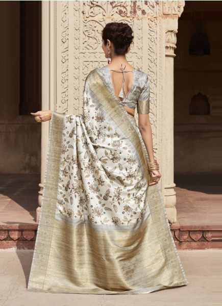 White Handloom Silk Floral Digitally Printed Festive-Wear Saree