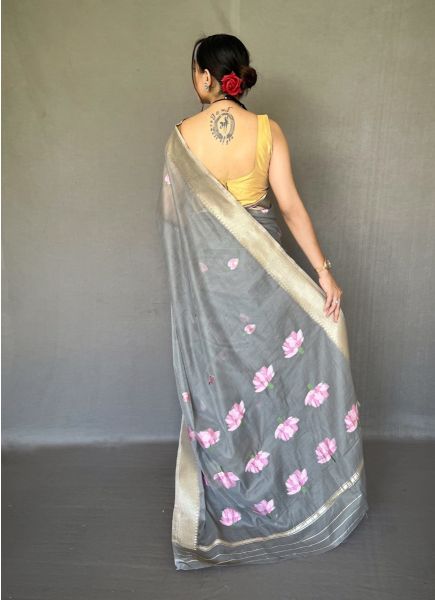 Gray Linen Floral Digitally Printed Saree For Kitty Parties