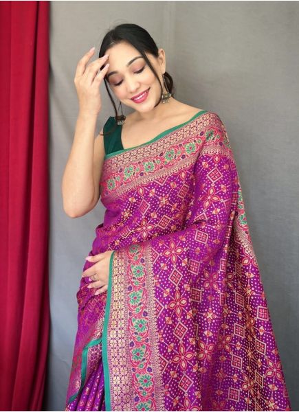 Purple Patola Silk Bandhani Print Festive-Wear Handloom Saree