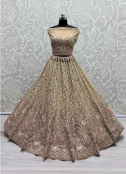 Light Brown Net With Thread, Embroidery & Sequins-Work Party-Wear Lehenga Choli