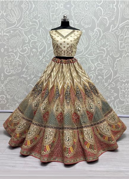 Light Cream Silk Sequins, Thread, Embroidery & Stone-Work Wedding-Wear Bridal Lehenga Choli