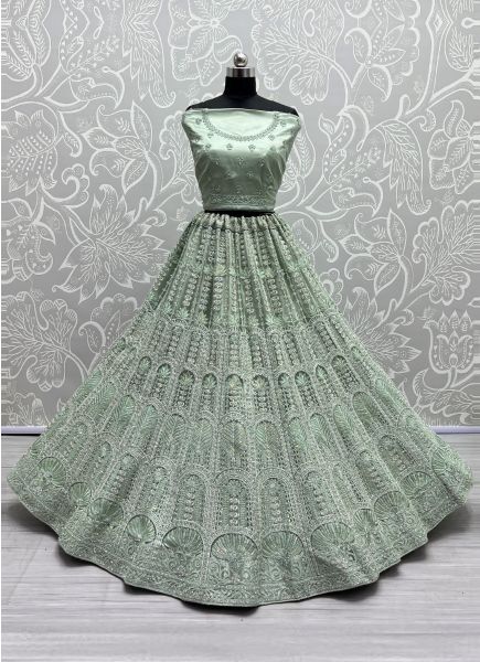 Light Pista Green Net With Embroidery & Sequins-Work Wedding-Wear Lehenga Choli