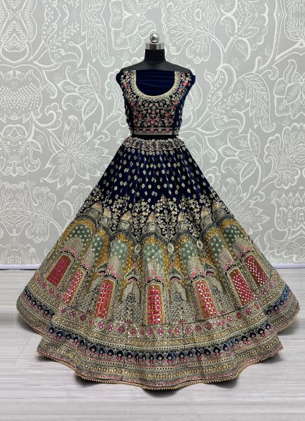 Blue Velvet Mirror, Thread-Embroidery, Sequins & Hand-Work Wedding-Wear Bridal Lehenga Choli