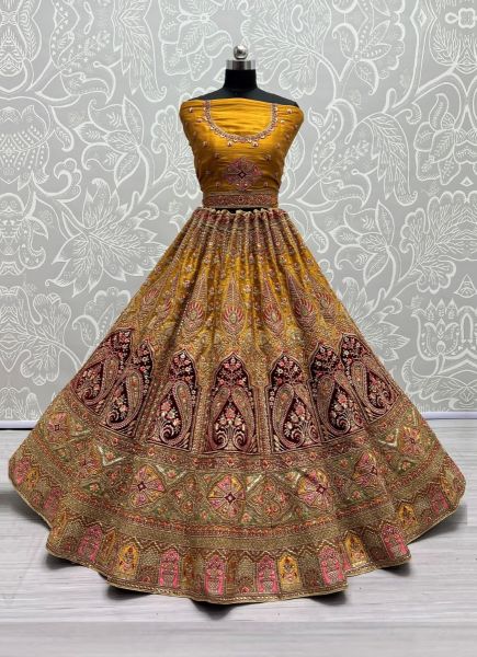 Mustard Yellow Net Thread, Embroidery, Sequins & Hand-Work Wedding-Wear Bridal Lehenga Choli