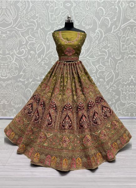 Olive Green Net Thread, Embroidery, Sequins & Hand-Work Wedding-Wear Bridal Lehenga Choli