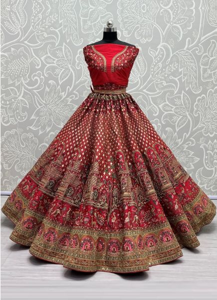 Red Silk Sequins, Thread, Diamond & Hand-Work Wedding-Wear Bridal Lehenga Choli