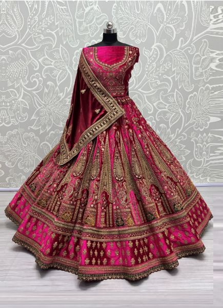 Dark Pink Velvet Handwork Wedding-Wear Bridal Lehenga Choli