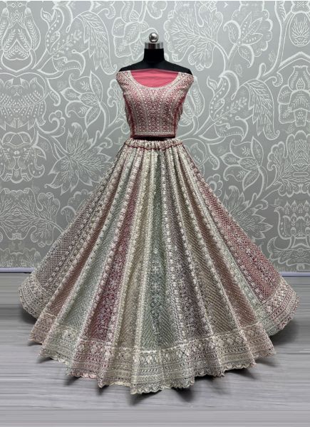 Multicolor Net Thread, Embroidery, Mirror & Stone-Work Wedding-Wear Bridal Lehenga Choli
