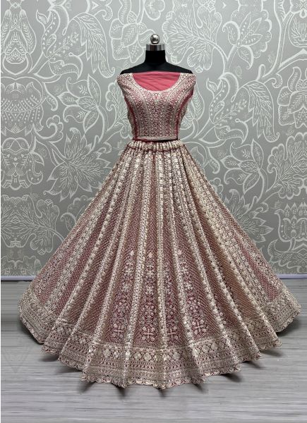 Dark Pink Net Thread, Embroidery & Mirror-Work Wedding-Wear Bridal Lehenga Choli