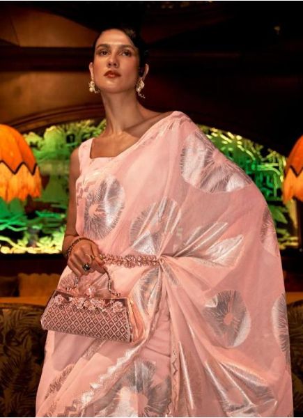 Light Peach Handloom Silk Weaving Party-Wear Saree