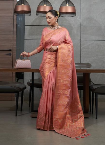 Pink Cotton Silk Saree With Copper & Silver Zari Weaving Border