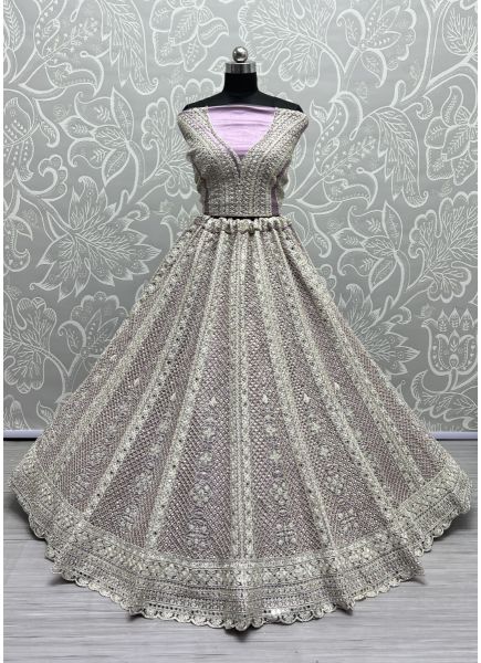 Lilac Net Thread-Work Wedding-Wear Lehenga Choli