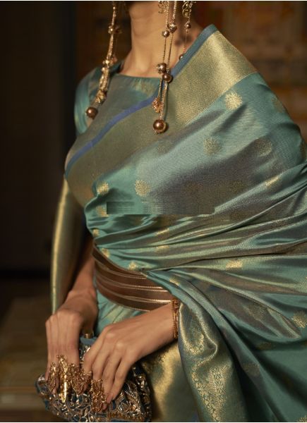 Light Teal Blue Silk Party-Wear Saree with Zari Weaving