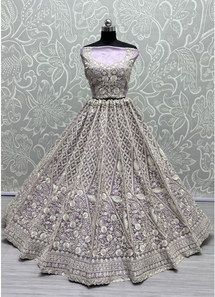 Lilac Net Thread-Work Wedding-Wear Lehenga Choli