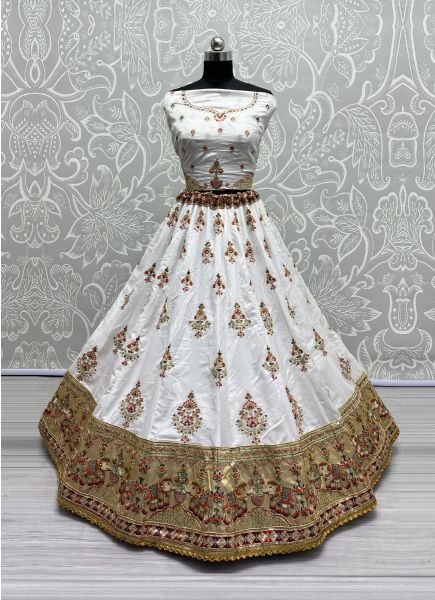 White Dolla Silk Embroidered Bandhani-Dupatta Lehenga Choli For Traditional / Religious Occasions