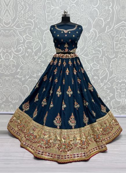 Blue Dolla Silk Embroidered Bandhani-Dupatta Lehenga Choli For Traditional / Religious Occasions