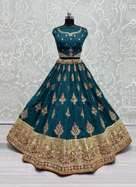 Sea Blue Dolla Silk Embroidered Bandhani-Dupatta Lehenga Choli For Traditional / Religious Occasions