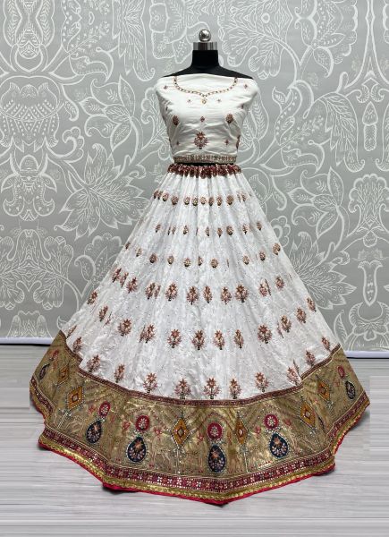 White Gadwal Silk Handwork Bandhani-Dupatta Lehenga Choli For Traditional / Religious Occasions