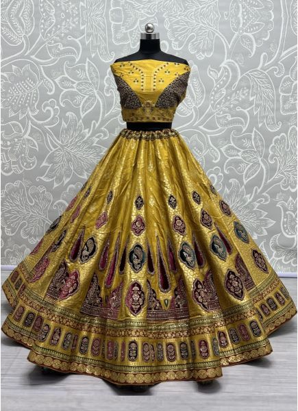 Mustard Yellow Banarasi Silk Handmade Wedding-Wear Bridal Lehenga Choli