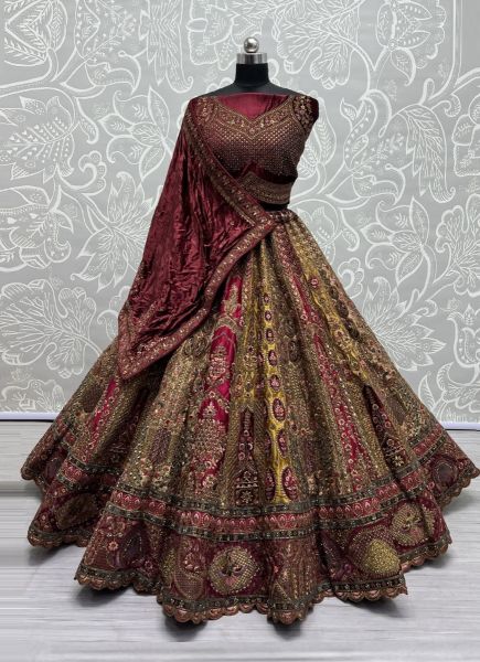 Multicolor Velvet Silk Handmade Wedding-Wear Bridal Lehenga Choli With Double Dupatta