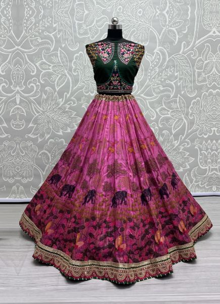 Pink & Dark Teal Green Pure Silk Base Thread-Work Wedding-Wear Bandhani-Dupatta Lehenga Choli