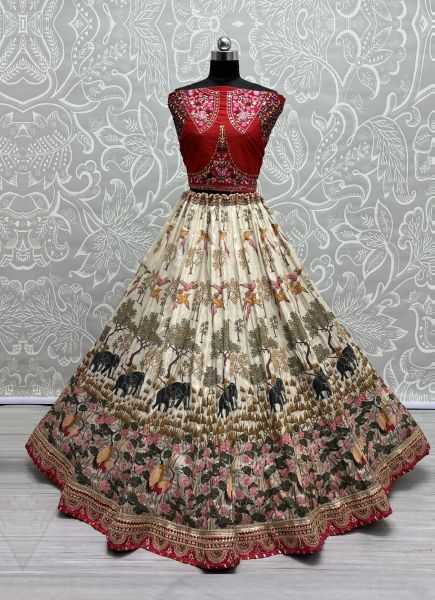 White & Red Pure Silk Base Thread-Work Wedding-Wear Bandhani-Dupatta Lehenga Choli