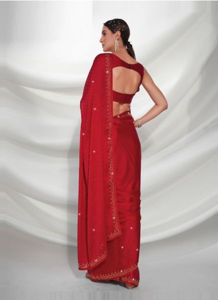 Red Satin Chiffon Stone-Work Carnival Saree For Kitty Parties