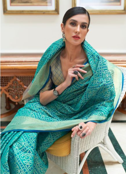 Teal Blue Woven Patola Silk Saree For Traditional / Religious Occasions