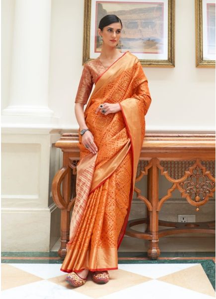 Orange Woven Patola Silk Saree For Traditional / Religious Occasions