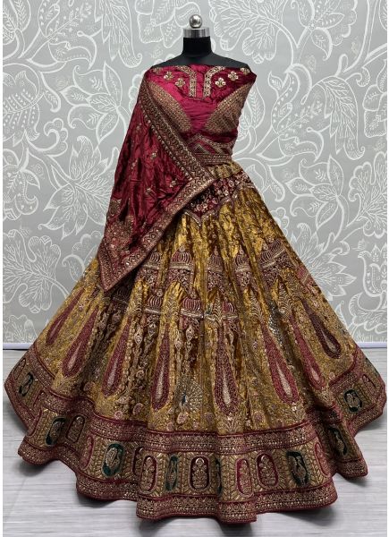 Golden Velvet Handwork Wedding-Wear Bridal Lehenga Choli With Double Dupatta
