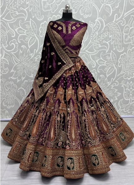 Dark Violet Velvet Handwork Wedding-Wear Bridal Lehenga Choli With Double Dupatta