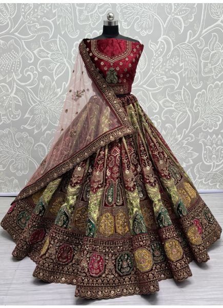 Maroon Silk & Velvet Handwork Wedding-Wear Bridal Lehenga Choli With Double Dupatta