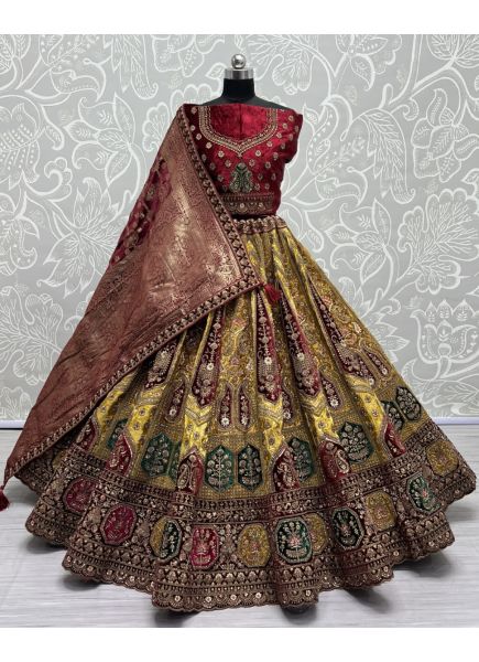 Mustard Yellow Silk & Velvet Handwork Wedding-Wear Bridal Lehenga Choli With Double Dupatta