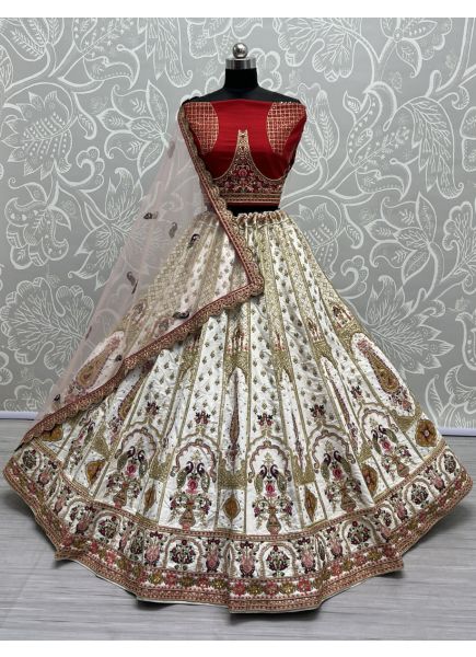 White Silk Handwork Wedding-Wear Bridal Lehenga Choli With Double Dupatta