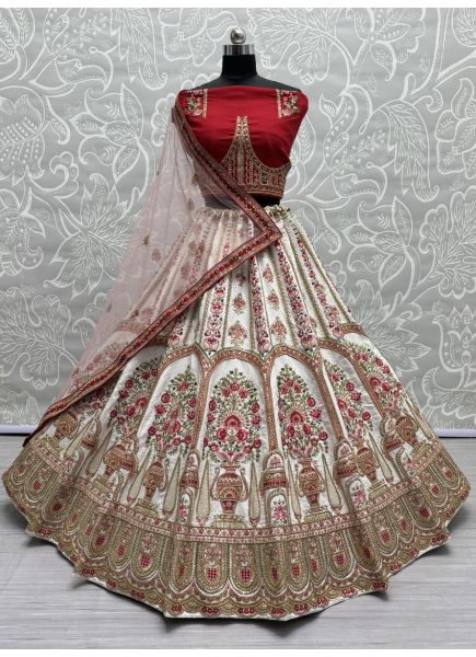White Heavy Silk Handwork Wedding-Wear Bridal Lehenga Choli [With Double Dupatta]