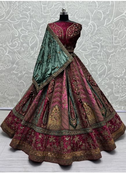 Multicolor Velvet Handwork Wedding-Wear Bridal Lehenga Choli [With Double Dupatta]