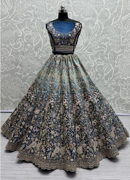Royal Blue Velvet Handwork Wedding-Wear Bridal Lehenga Choli