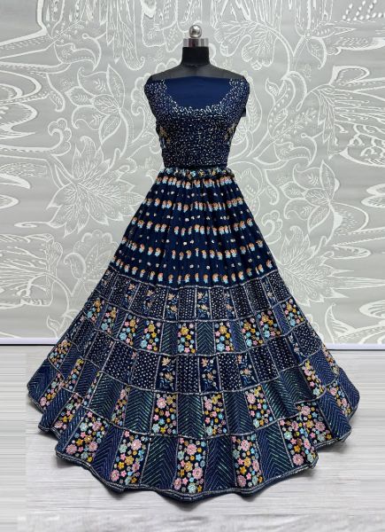 Dark Blue Georgette Thread-Work Wedding-Wear Reception Lehenga Choli