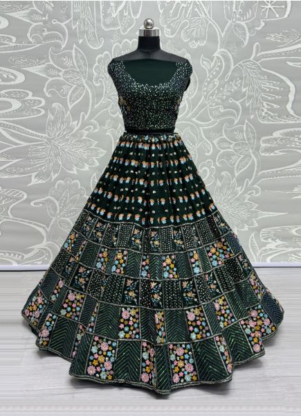 Dark Green Georgette Thread-Work Wedding-Wear Reception Lehenga Choli