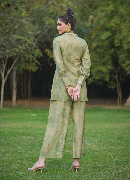 Sage Green Mul-Mul Cotton Printed Resort-Wear Readymade Co-Ord Set