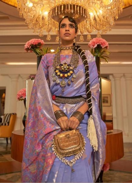 Lavender Handloom Silk Party-Wear Saree With Kashmiri Pallu