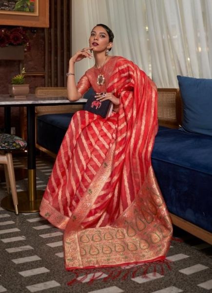 Red Organza Silk Saree With Meenakari Weaving