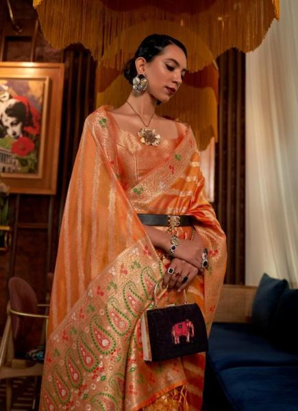 Orange Organza Silk Saree With Meenakari Weaving