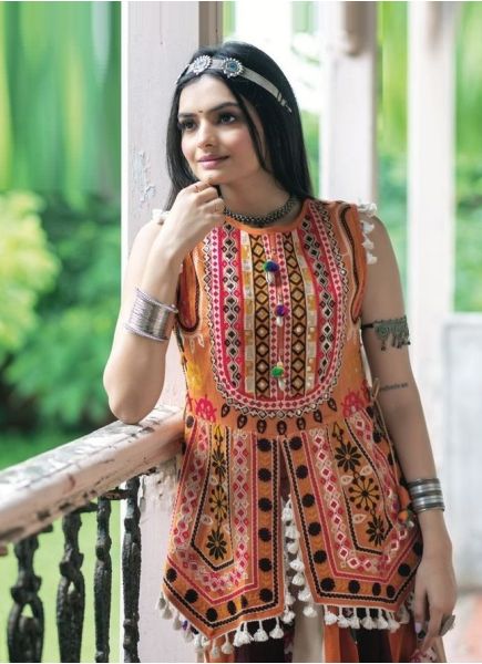 Orange & Maroon Khadi Thread-Work Navratri-Wear Readymade Kurti With Ghagra