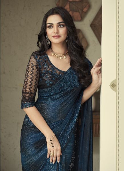 Sea Blue Silk Embroidered Party-Wear Boutique-Style Saree